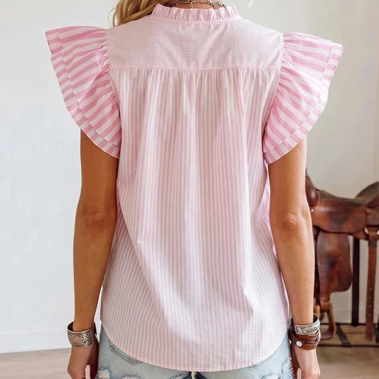 Pink Stripe Contrast Trim V-Neck Flutter Sleeve Blouse