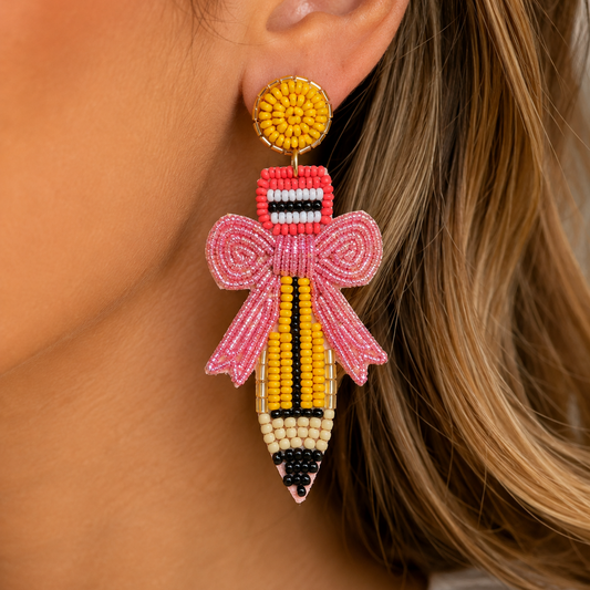 Beaded Pencil Bow Teacher Earrings | Handmade School Statement Earrings