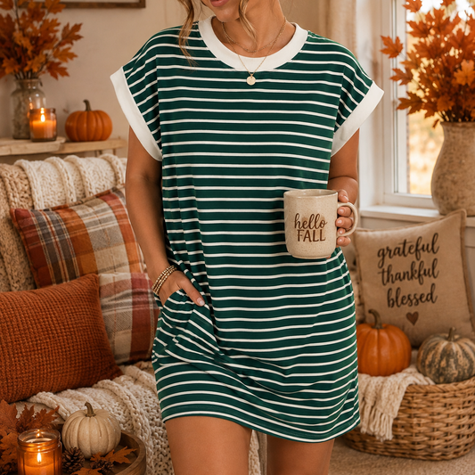 Striped Contrast Trim Rib Banded T-Shirt Dress | Zenana