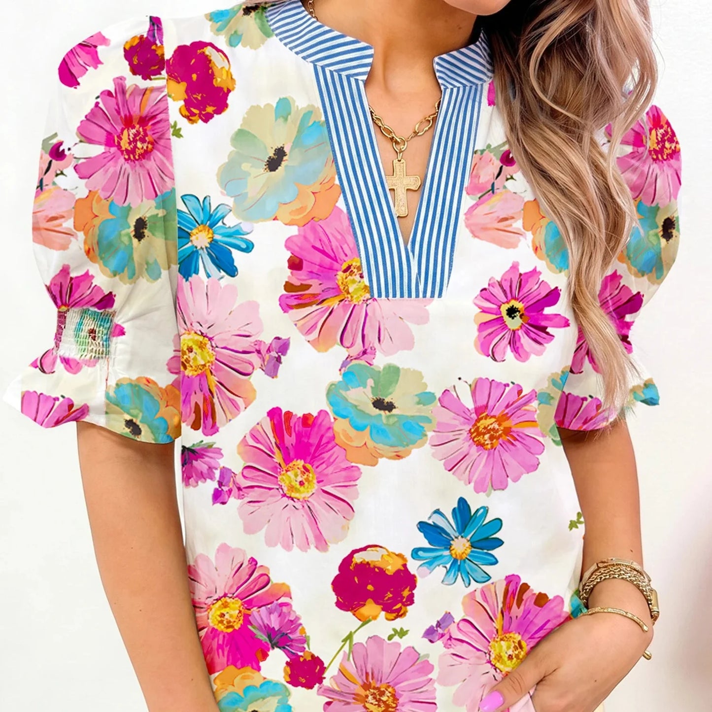 Beige Floral Print Short Puff Sleeve Striped Trim V-Neck Blouse