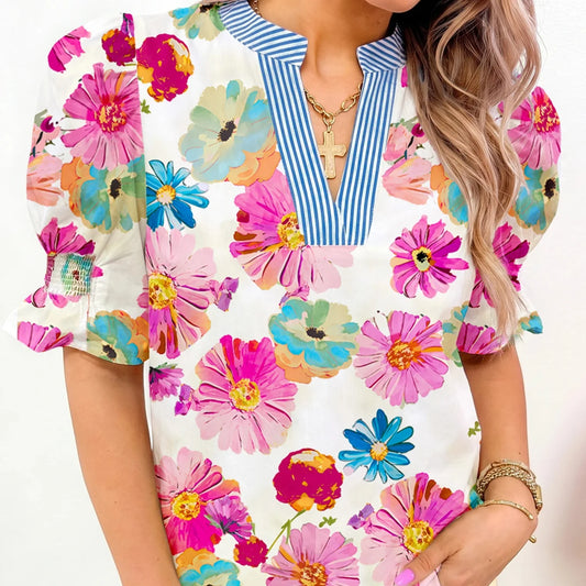 Beige Floral Print Short Puff Sleeve Striped Trim V-Neck Blouse
