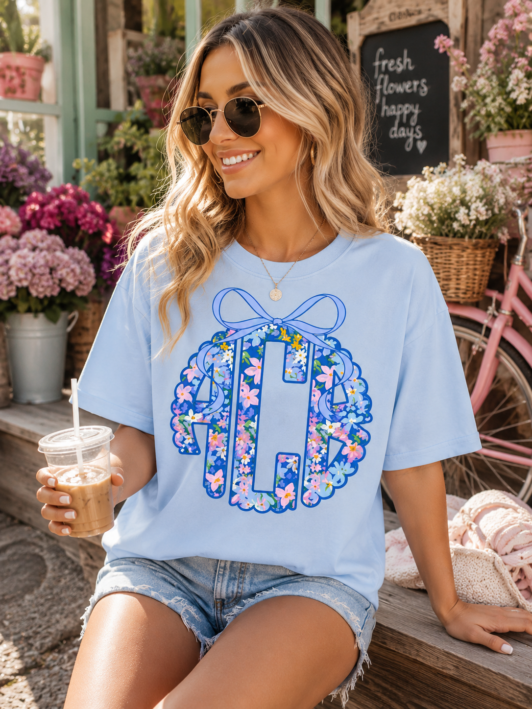 Preppy Blue Floral Monogram
