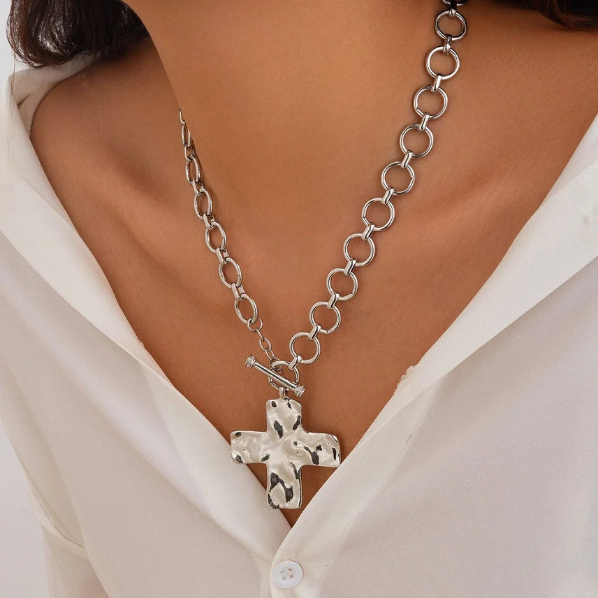 Hammered Cross Toggle Necklace - Gold & Silver