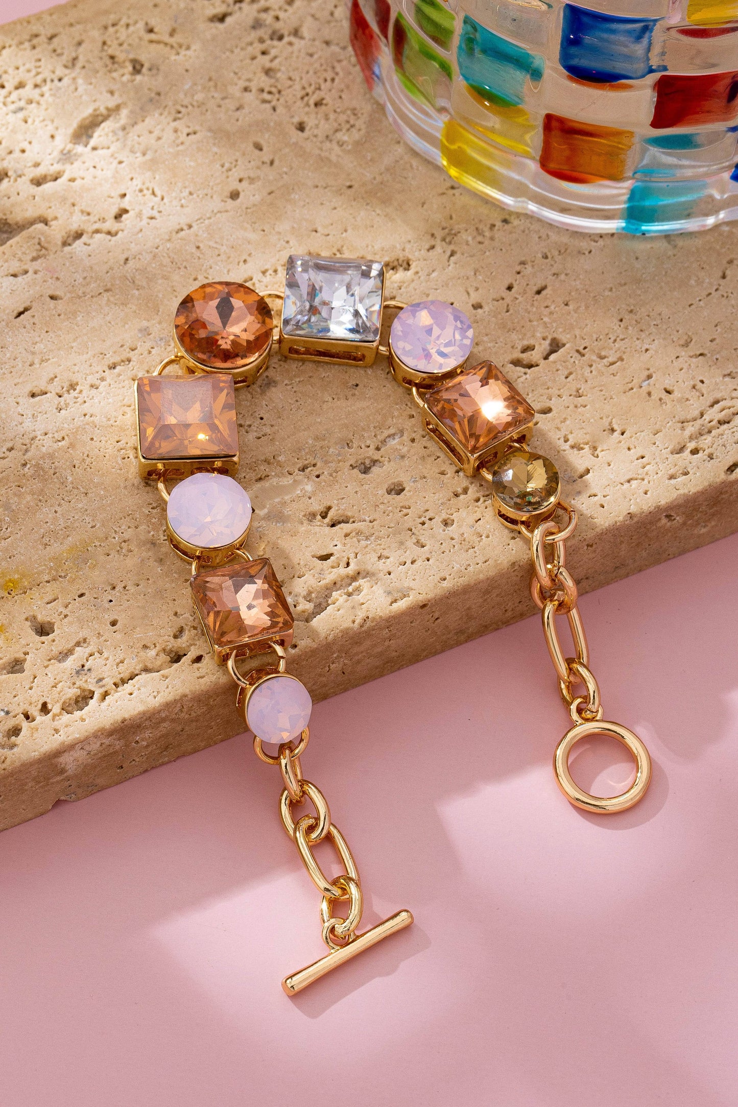 Pastel Multi-Crystal Gold Link Toggle Bracelet