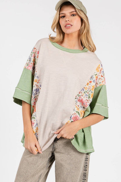WASHED FLORAL PATCHWORK OVERSIZED CONTRAST TEE