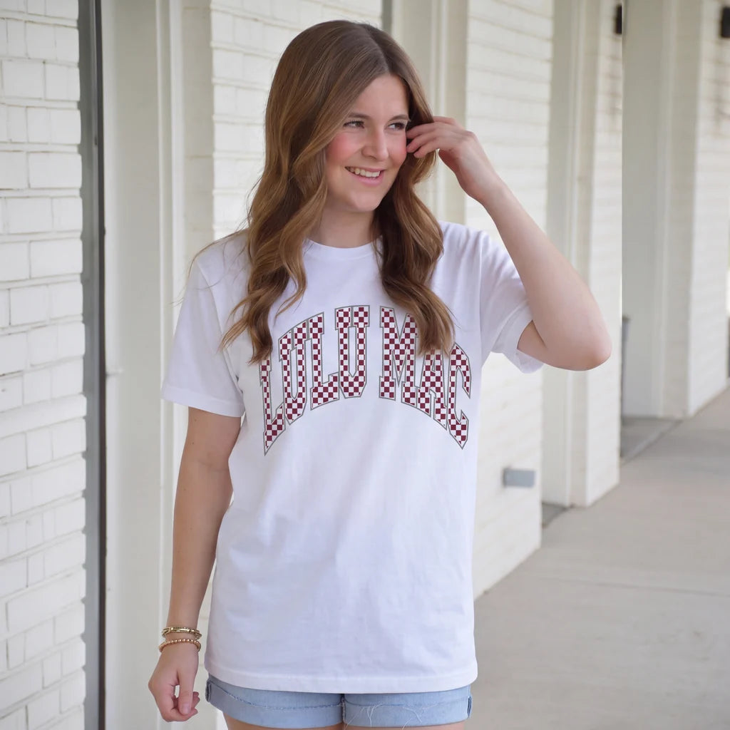 Checkered Comfort Colors Tee - Maroon/White