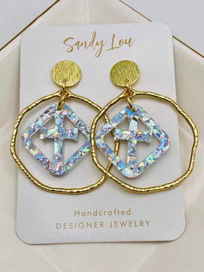 Iridescent Faith Cross Hoop Earrings