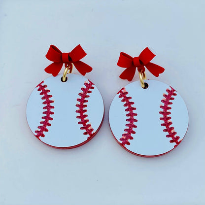 Baseball Game Day Drop with Red Bow Earrings