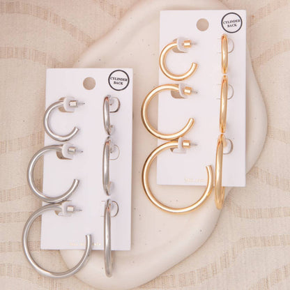 3-Pair Push-Back Hoop Earring Set