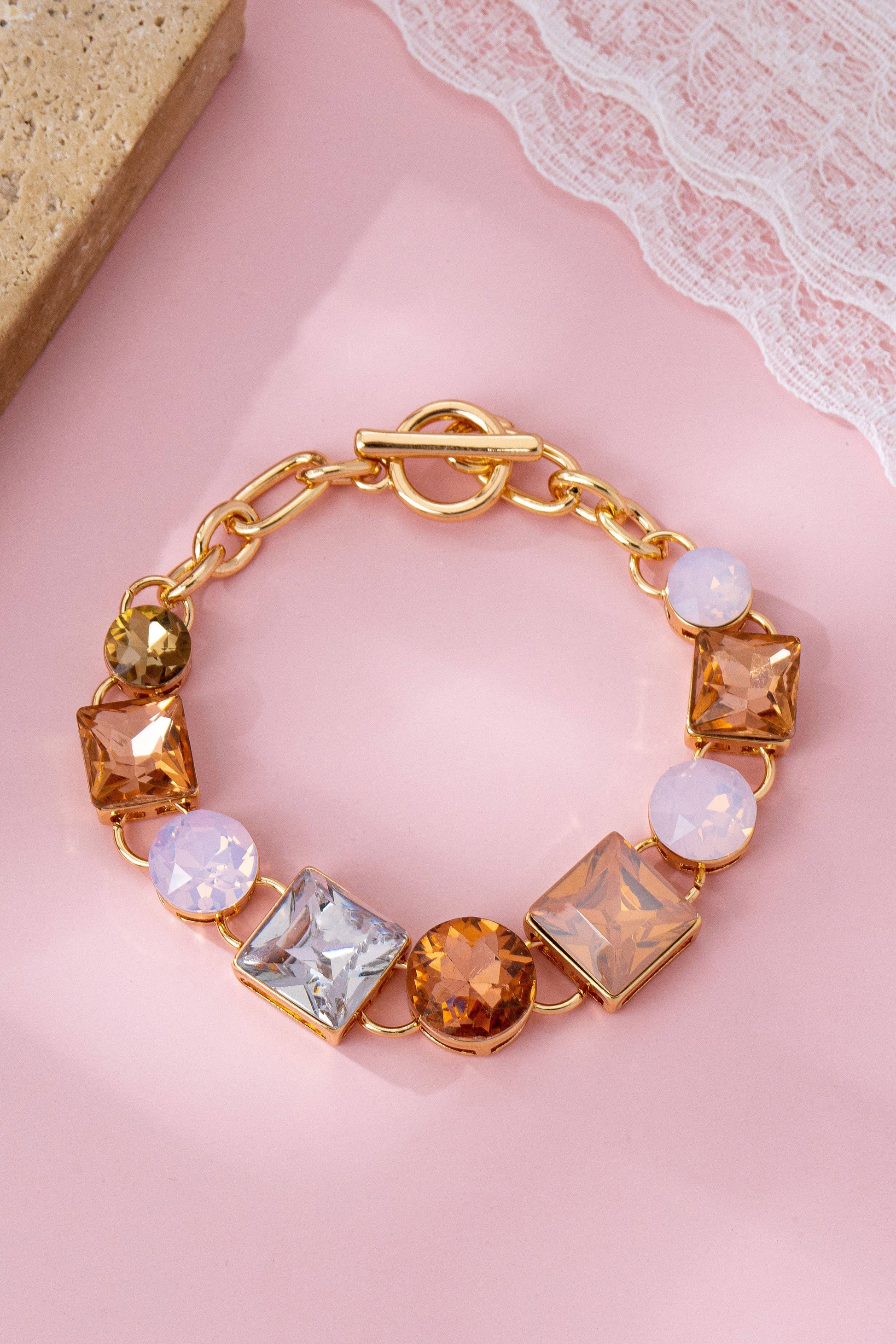 Pastel Multi-Crystal Gold Link Toggle Bracelet